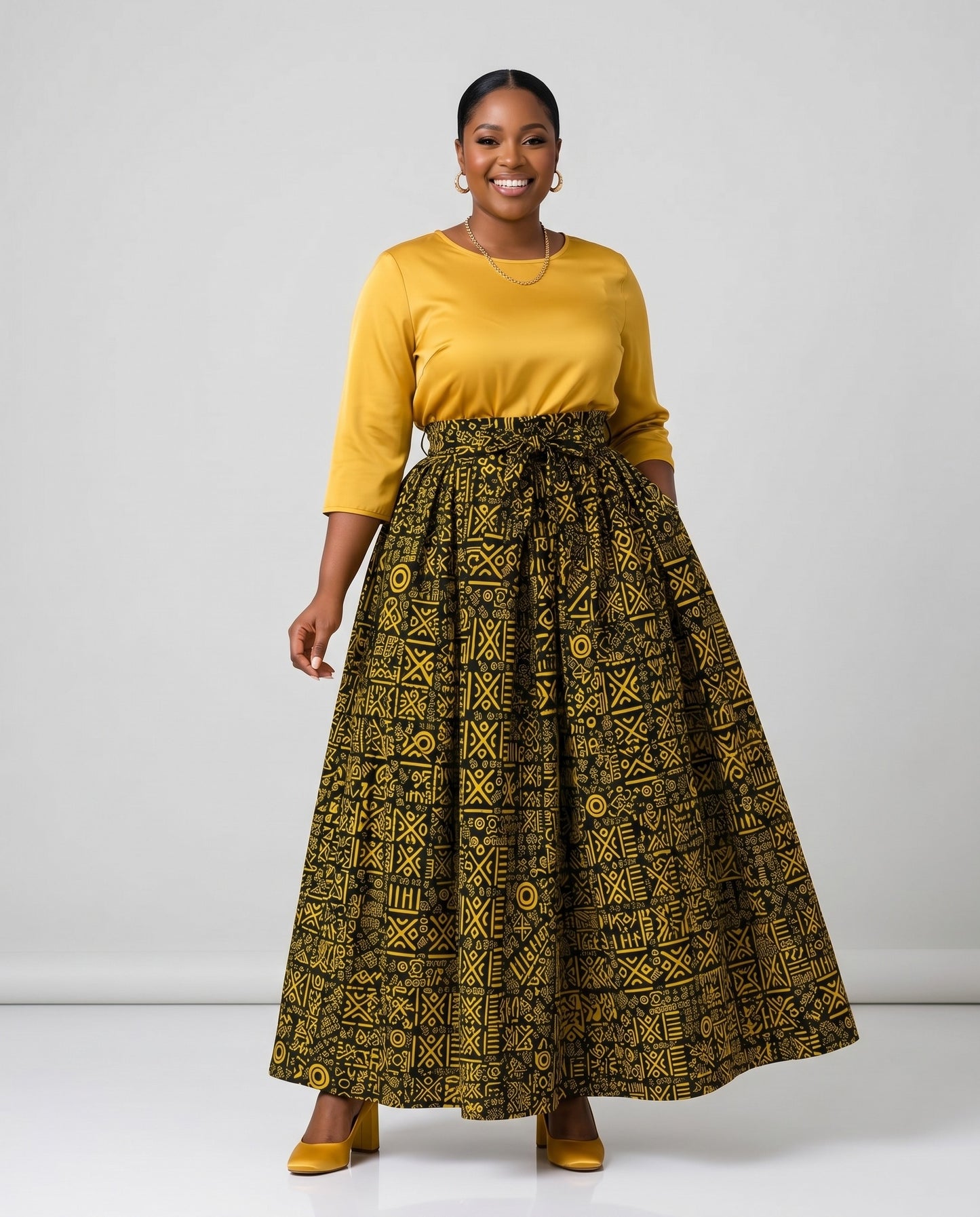 Black and Golden-Yellow Tribal-Inspired African Print Top and Maxi Skirt Set