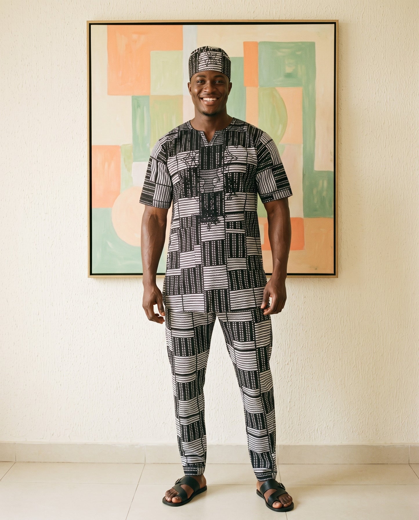 Men's Black White Embroidered African Traditional 3-Piece Set