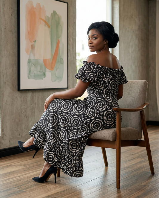 Black & White Off-Shoulder Ankara Maxi Dress with Ruffle Sleeves