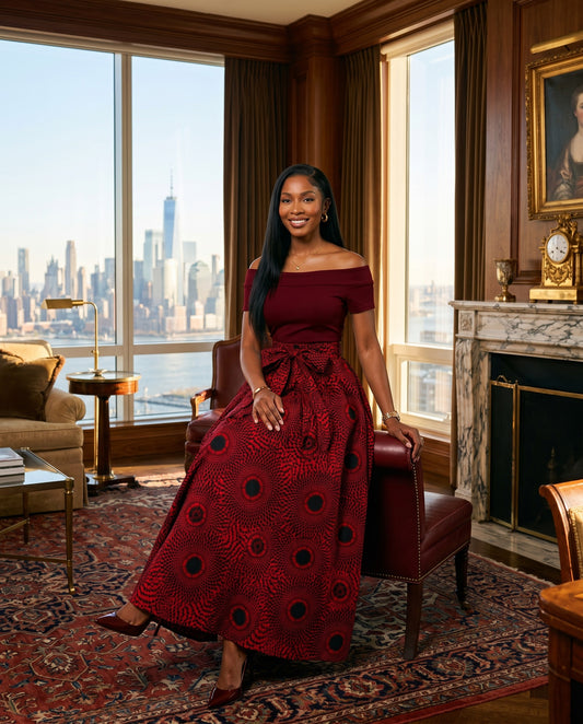 Red and Black Circular African Print Maxi Skirt
