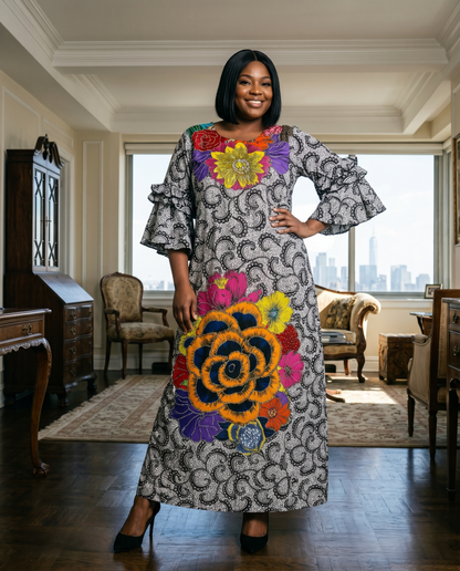 Native Wear African Gray Floral Print Maxi Dress
