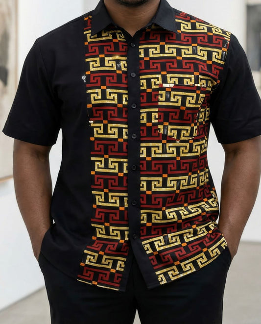 Men's African Burnt Red/Cream Print Button Down Short Sleeve Shirt (2XL)