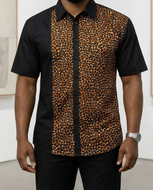 Men's African Brown Print Button Down Short Sleeve Shirt (XL)