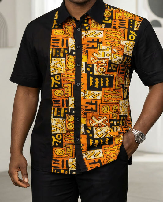 Men's African Orange Print Button Down Short Sleeve Shirt