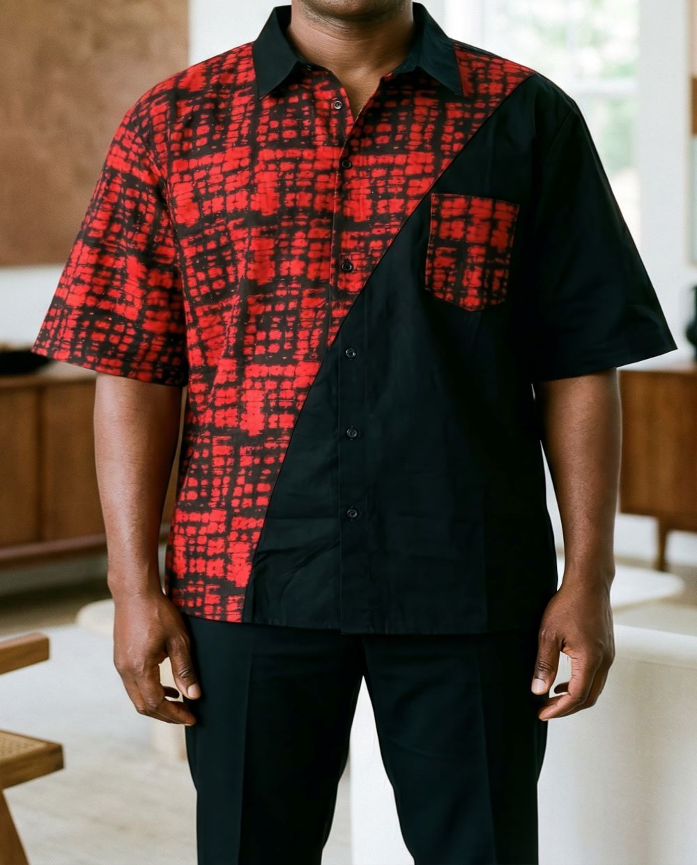 Men's African Red Geometric Print  Short Sleeve Shirt (L)