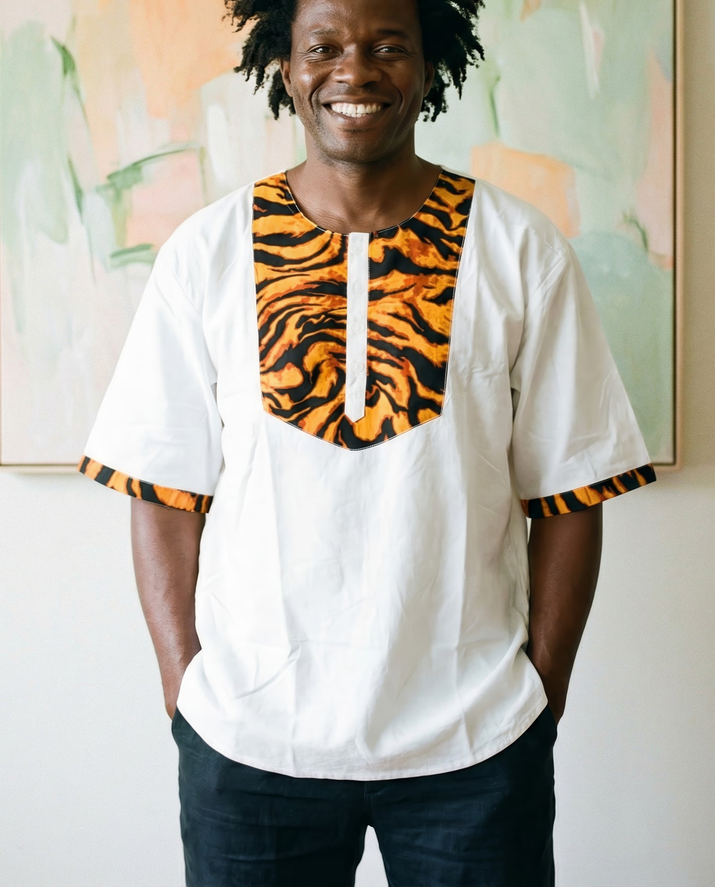 Men's African White Orange/Black Print Half Sleeve Shirt