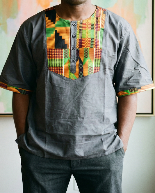 Men's African Black Kente Print Half Sleeve Shirt
