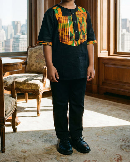 Kids Black Kente Print Dashiki Top (Unisex)