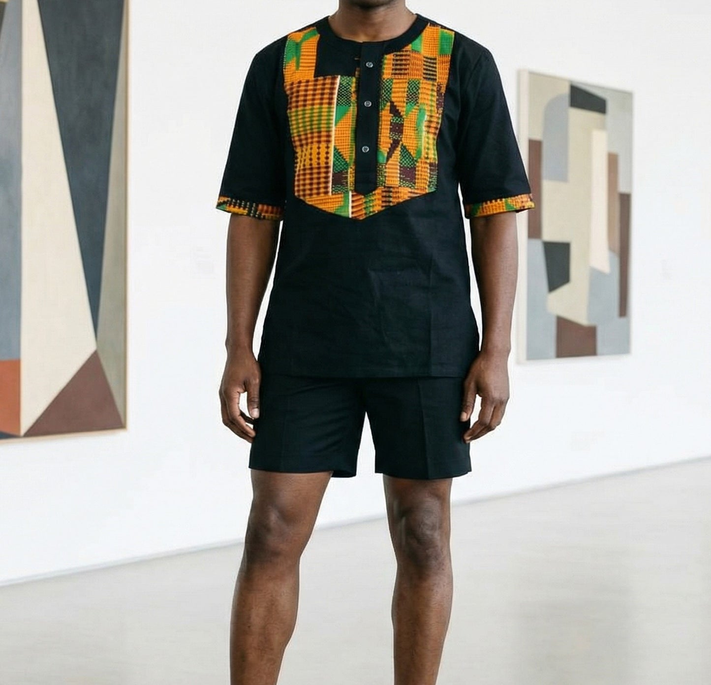 Men's African Black Kente Print Half Sleeve Shirt