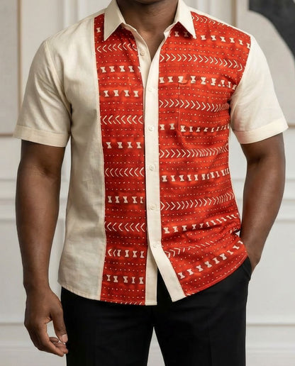 Men's African White Print Button Down Short Sleeve Shirt