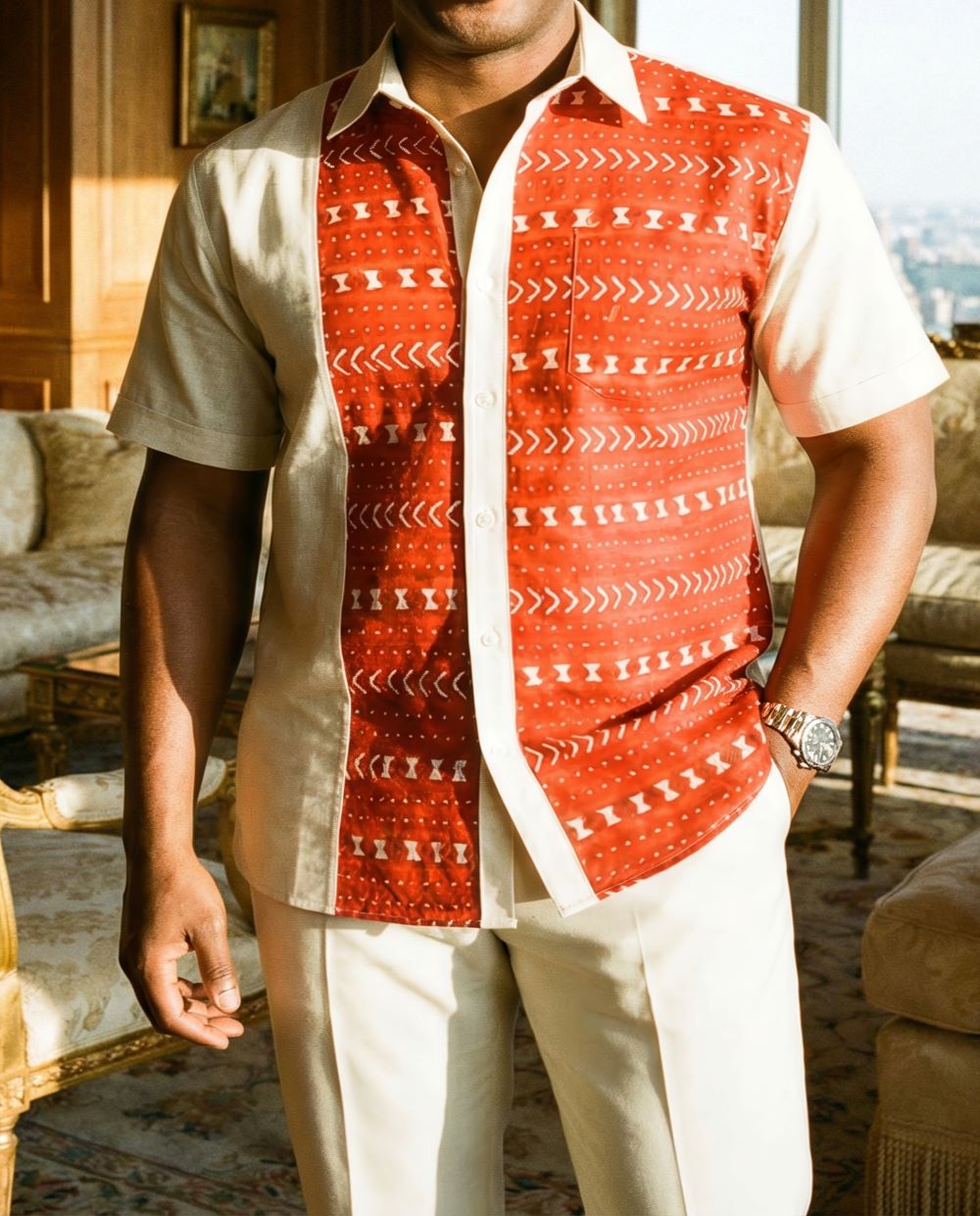 Men's African White Print Button Down Short Sleeve Shirt