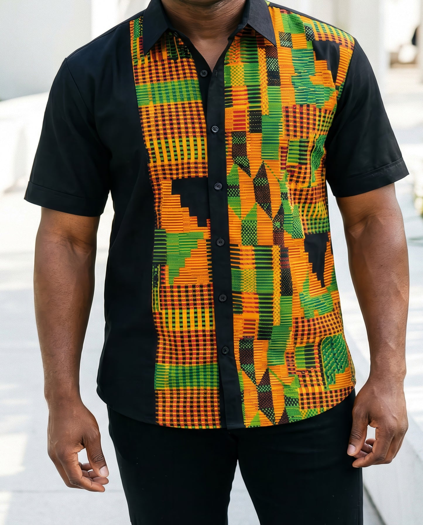 Men's African Kente Print Button Down Short Sleeve Shirt (M)
