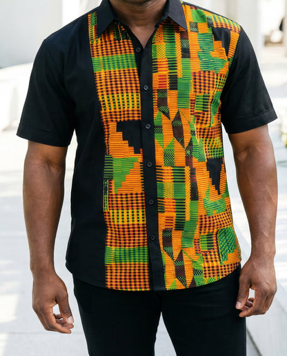 Men's African Kente Print Button Down Short Sleeve Shirt (M)