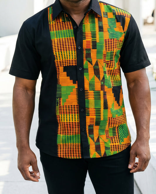 Men's African Kente Print Button Down Short Sleeve Shirt (M)