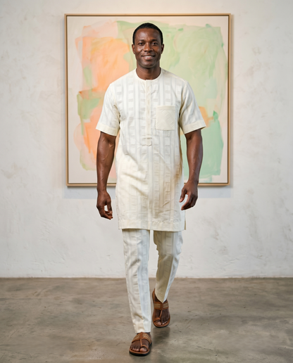 Native Wear Men's 2pc Solid Cream Print African Set