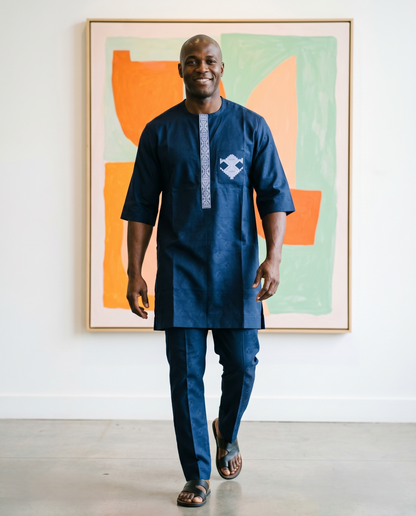 Authentic Men's 2pc Solid Dark Navy Print African Senators Set