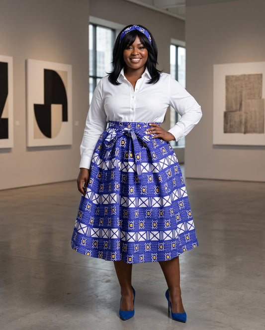 African Deep Blue, White, Yellow Print Midi Skirt