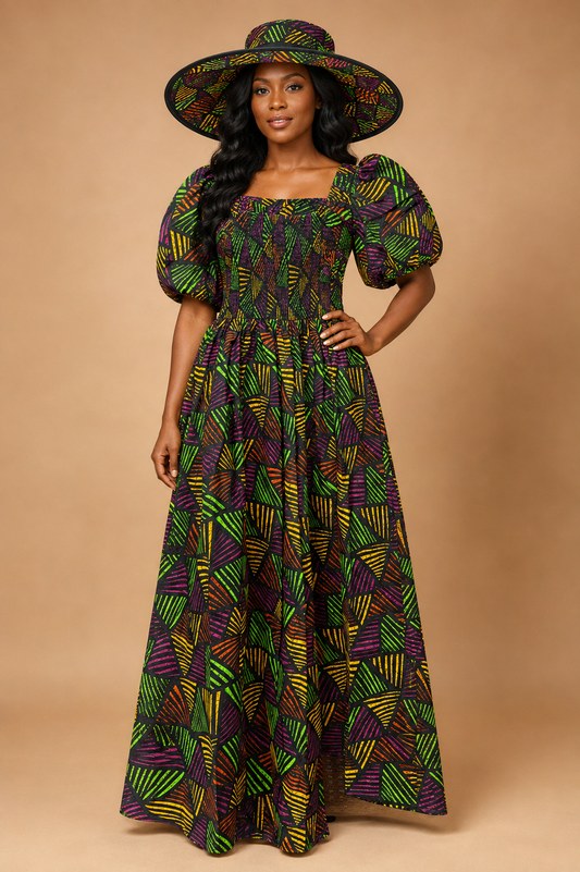 3pc Multi-Print African Slit Dress and Hat Set