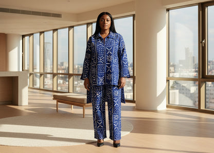 Indigo Mud Cloth Print Two-Piece Pants Set