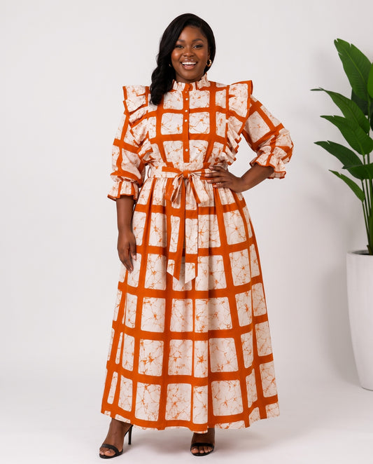 Stunning African Print Burnt-Orange-and-Cream Geometric Print Top and Maxi Skirt Set
