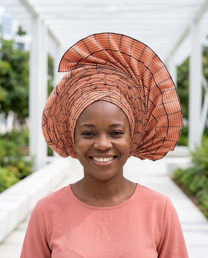 Muted Coral & Black Aso Oke Gele