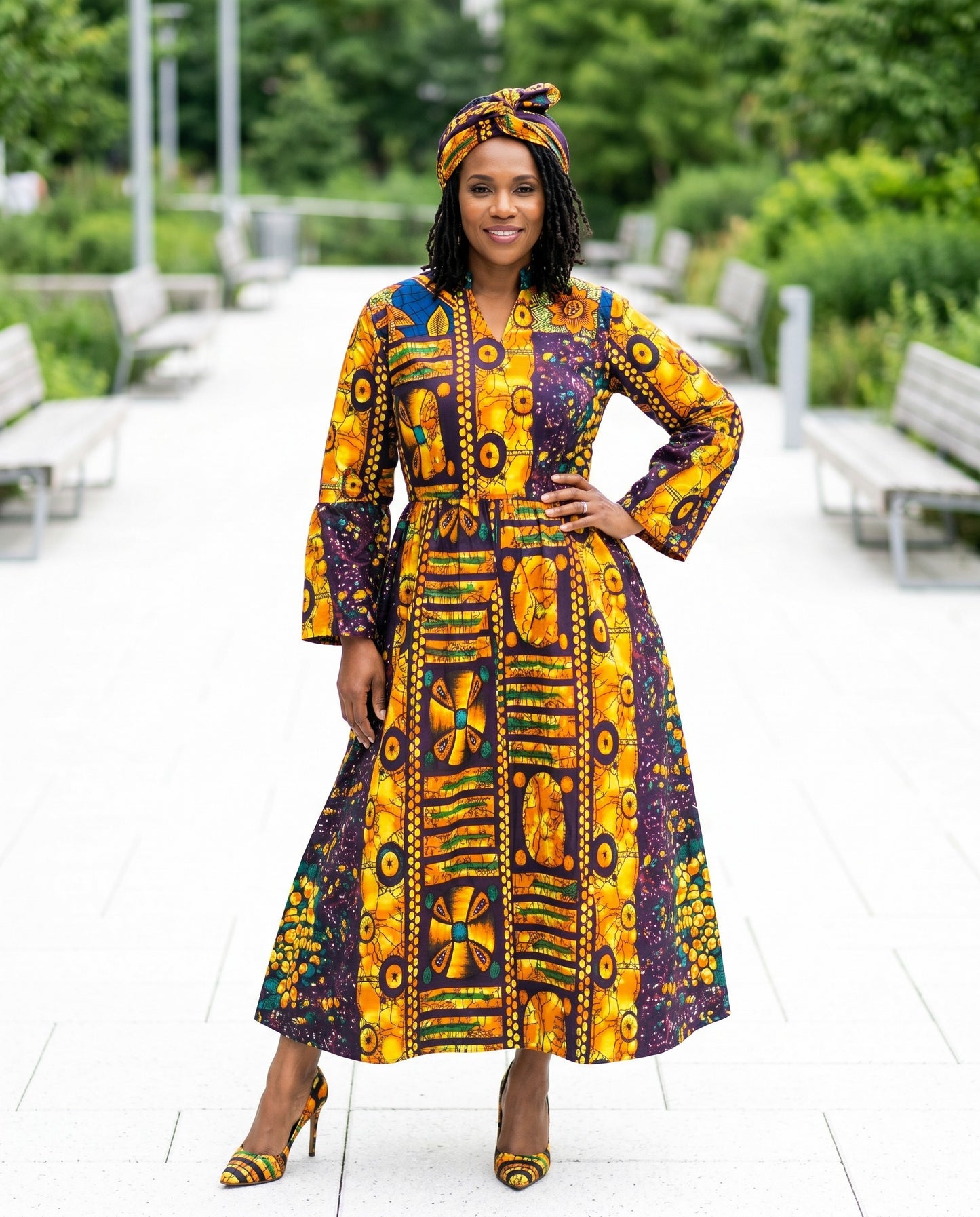 Vibrant Ankara Purple/Gold Maxi Dress with Belt & Matching Headwrap