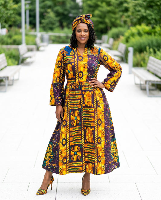 Vibrant Ankara Purple/Gold Maxi Dress with Belt & Matching Headwrap