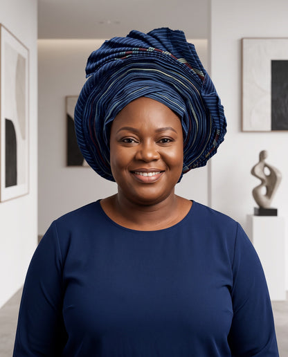 Navy Blue Multi-Stripe Aso Oke Gele