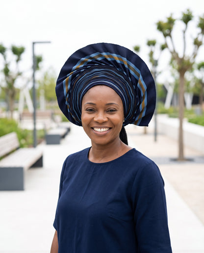 Navy Blue, Gold & Slate Blue Aso Oke Gele