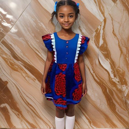 Girls Red/Blue Floral African Print Dress - MAGOS