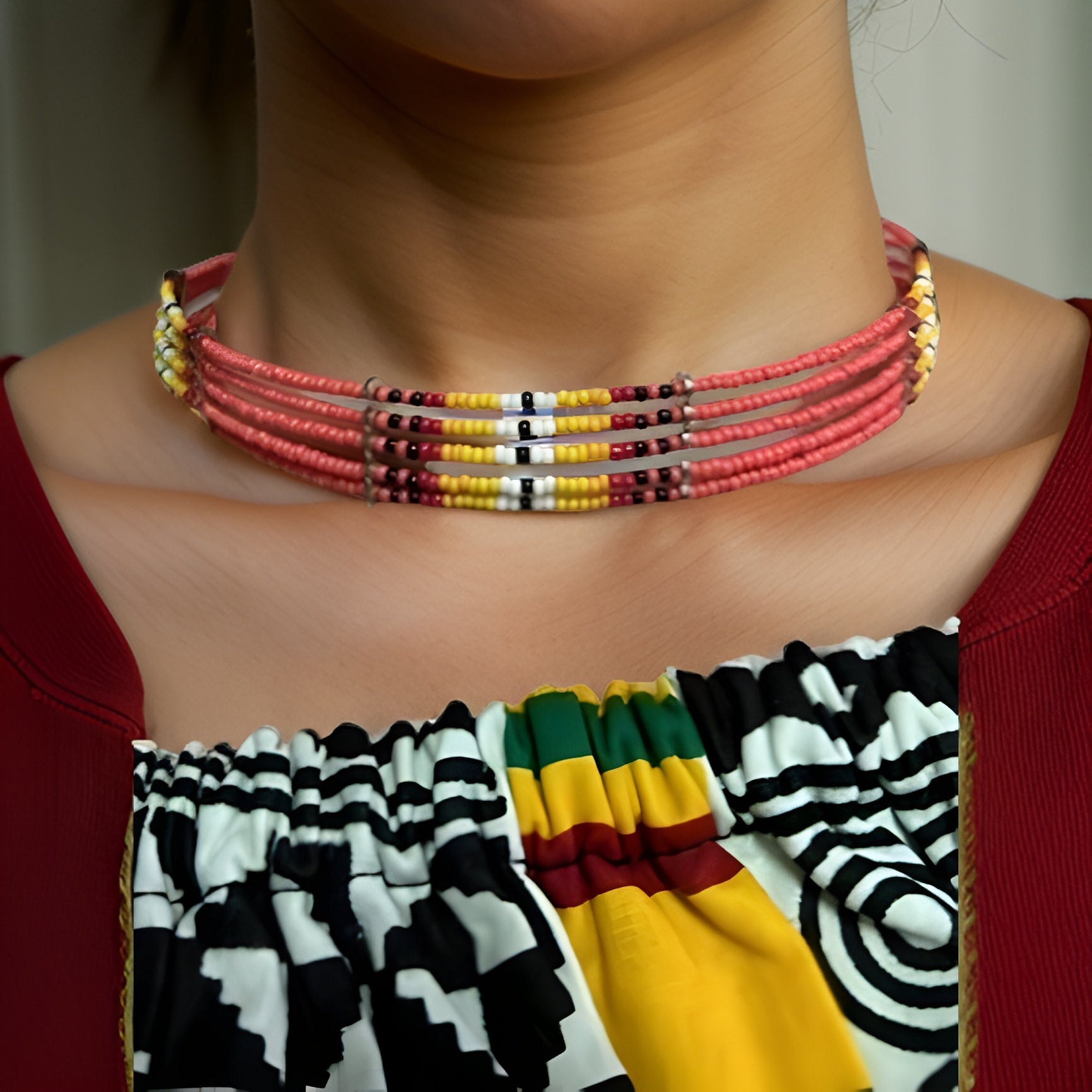Coral Serape Seed Bead 5 Strand Choker Necklace - Premium Jewelry from MAGOS - Just $6.99! Shop this and more Jewelry now 