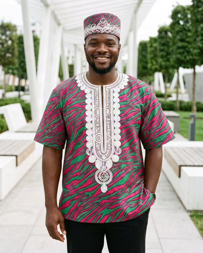 Men’s Plum/Green African Print Dashiki Shirt