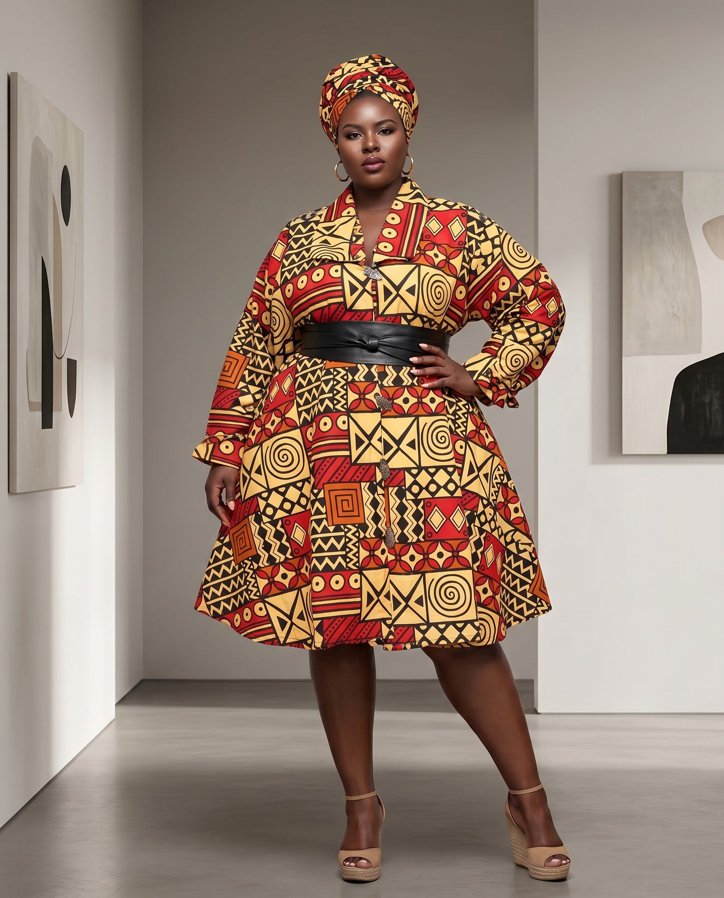 African Big Button Cream Multi-Print Ankara Dress