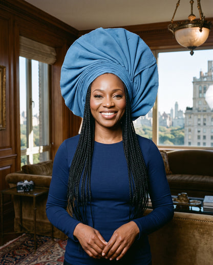 A smiling woman with long black braids wears a large, structured blue headwrap and a matching dark blue long-sleeve top, standing in a warm wood-paneled room with windows showing a city view.