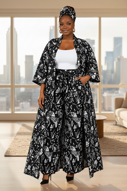 Black & White African Print Kimono Duster with Matching Headwrap
