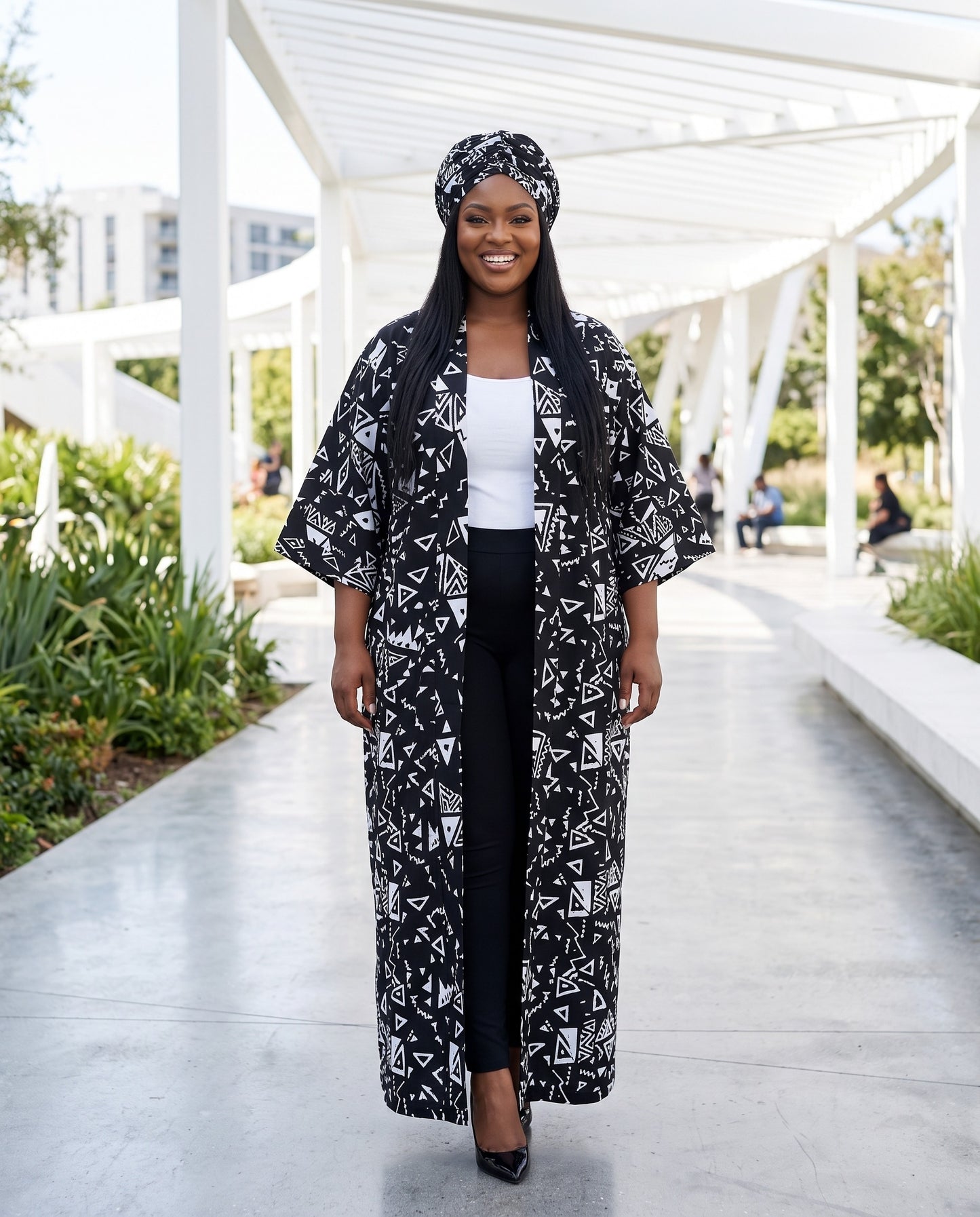 Black & White African Print Kimono Duster with Matching Headwrap
