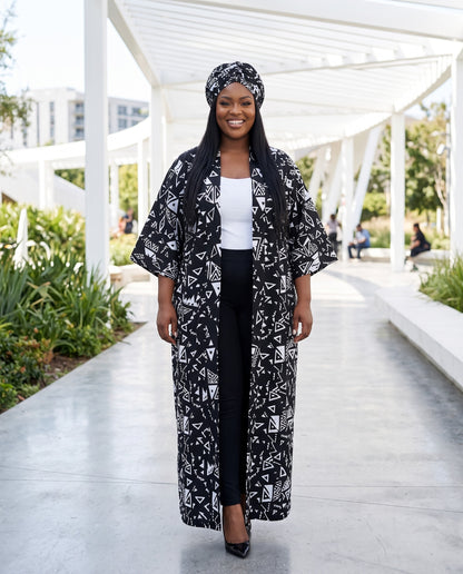 Black & White African Print Kimono Duster with Matching Headwrap