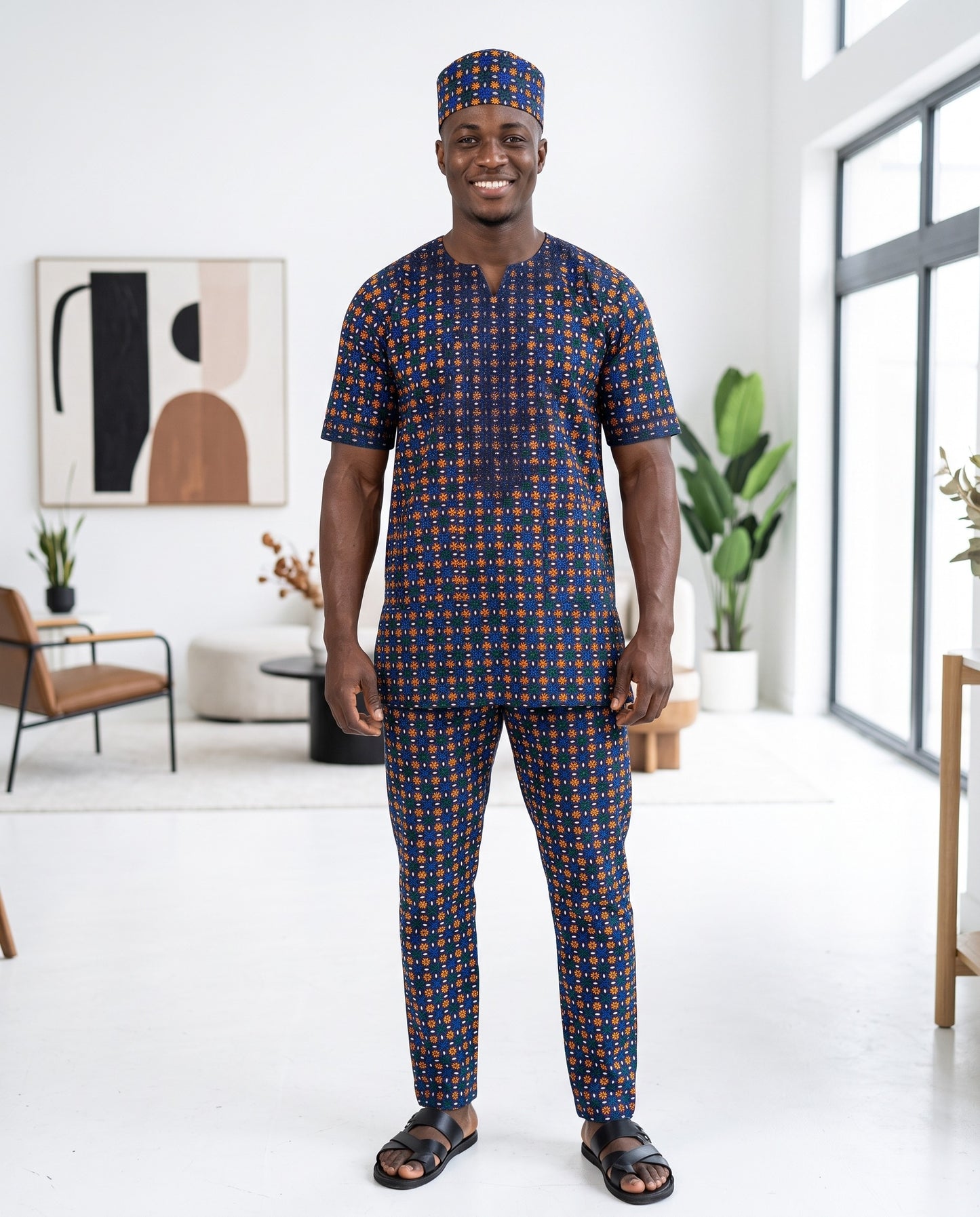 Men's Blue Base Embroidered African Traditional 3-Piece Set