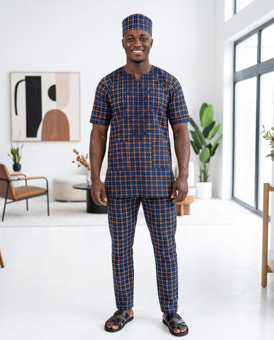 Men's Blue Base Embroidered African Traditional 3-Piece Set