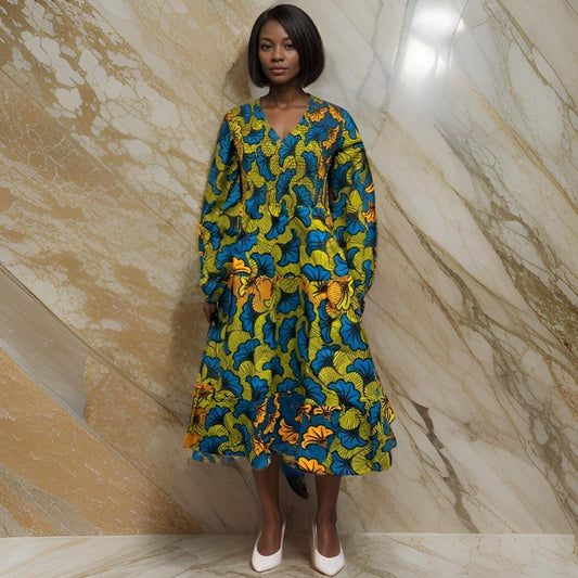 African Floral Ankara Print Long Full Sleeve Dress