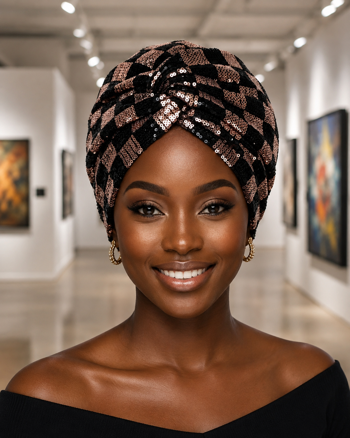 A smiling woman with a black and rose gold sequined checkered headwrap turban, wearing gold hoop earrings and a black off-the-shoulder top, standing in a brightly lit modern art gallery hallway.
