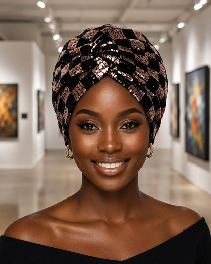 A smiling woman with a black and rose gold sequined checkered headwrap turban, wearing gold hoop earrings and a black off-the-shoulder top, standing in a brightly lit modern art gallery hallway.