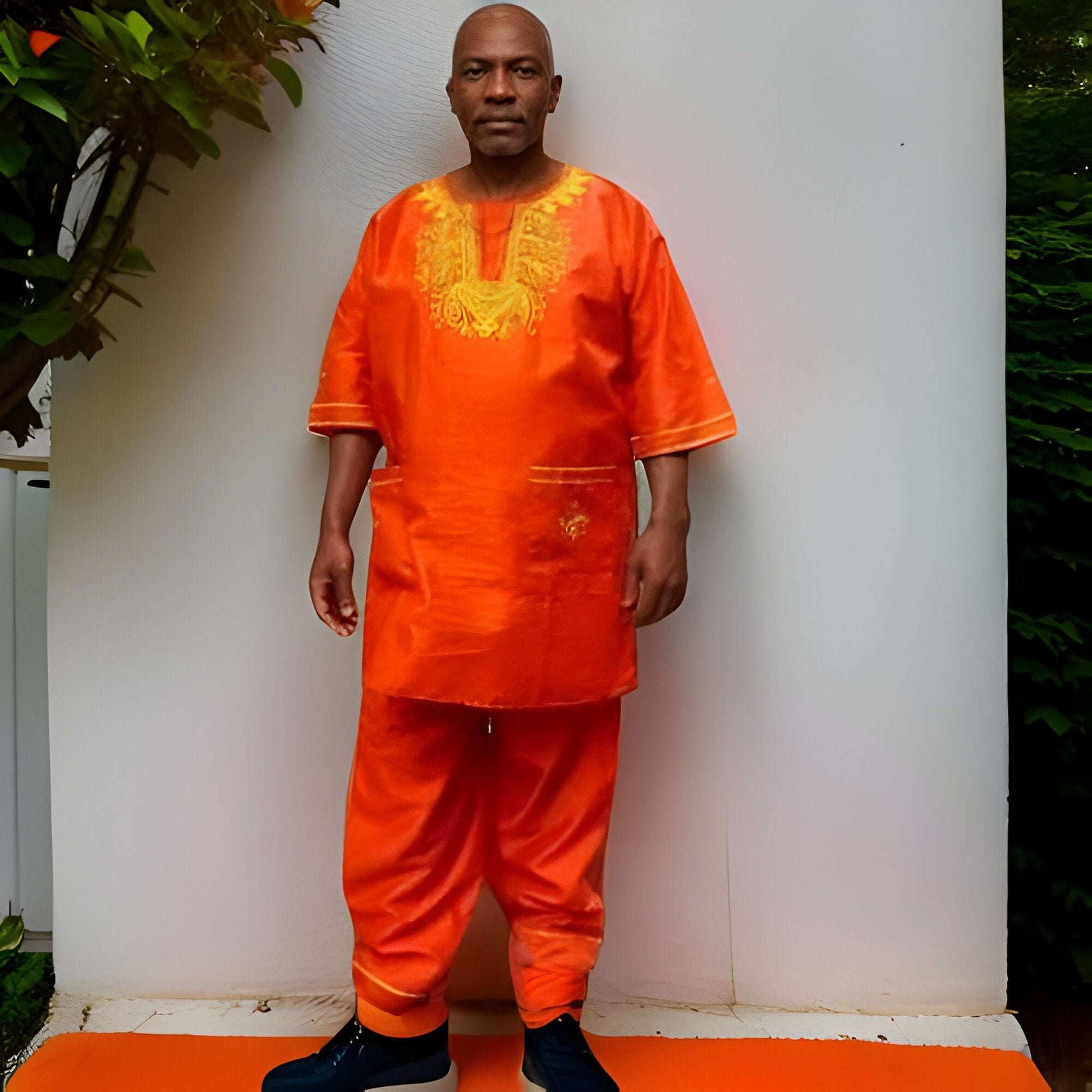 Men's Traditional African Outfit - Silky Red Embroidered Dashiki Set