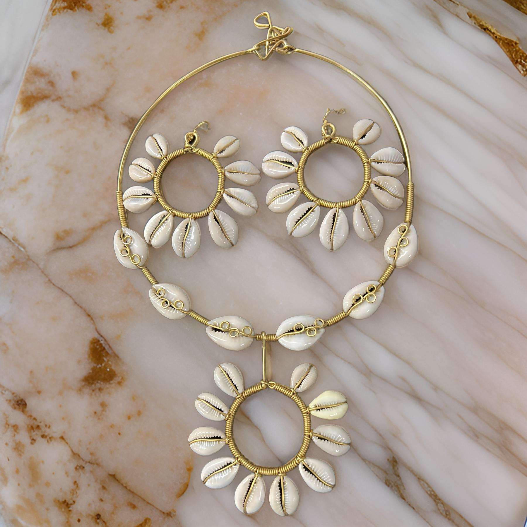 Handcrafted Hoop Cowrie Shell Choker Necklace and Earring Set