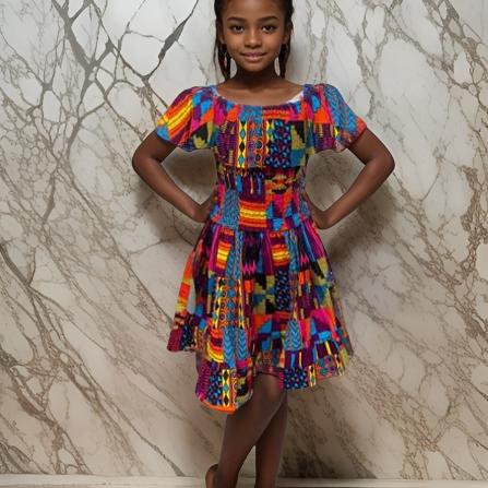 Girls African Multi-Color Kente Print Smoked Dress