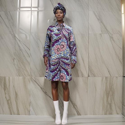 Bold Pink/Blue/Purple African Print Button Down Dress (Medium)