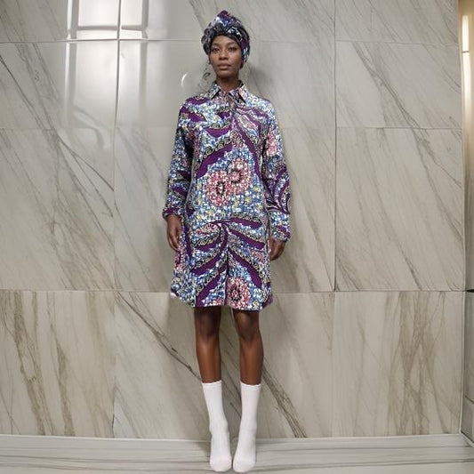 Bold Pink/Blue/Purple African Print Button Down Dress (Medium)