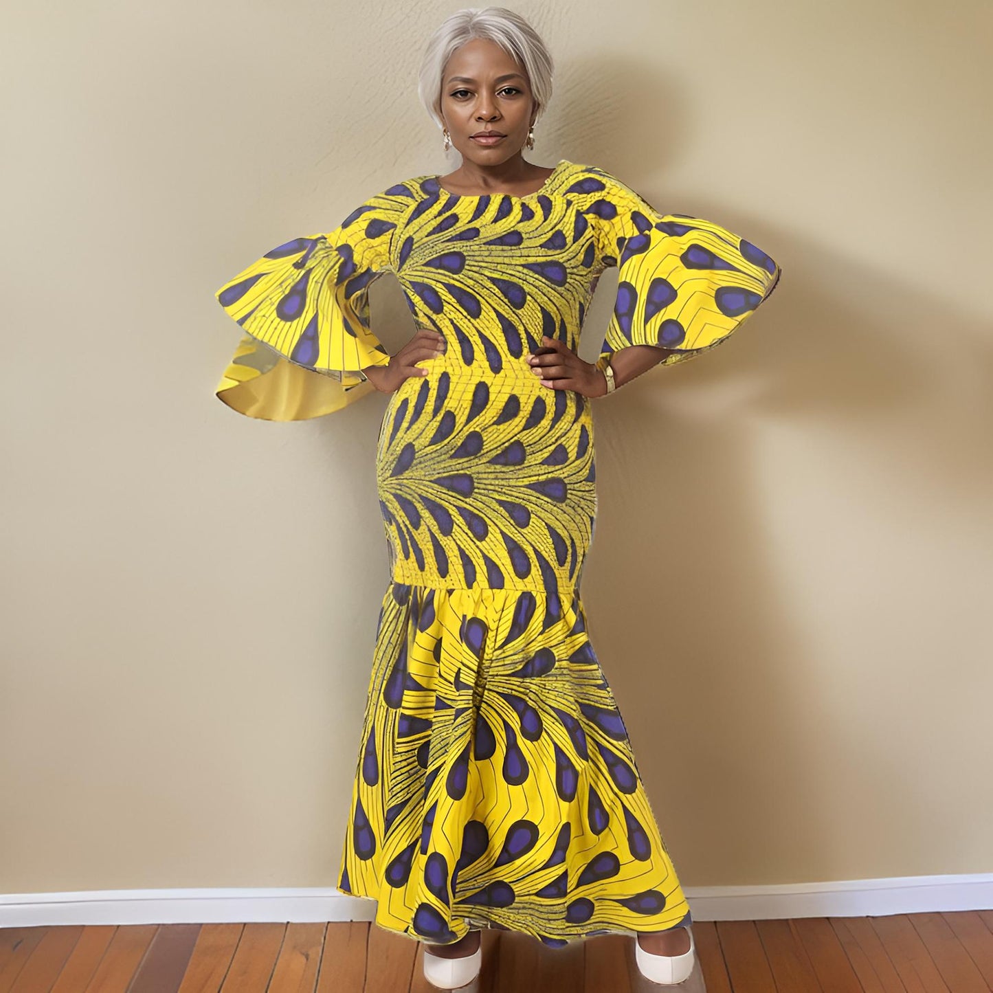 Women's African Yellow Peacock Print Smock Mermaid Maxi Dress