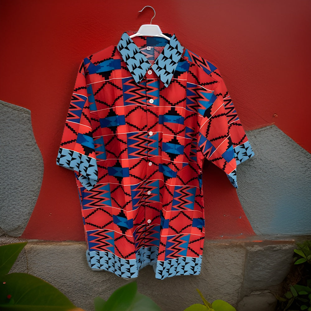 Men's Red/Black/Aqua/Blue/Fuchsia African Print Kente Shirt - Premium African Apparel from MAGOS - Just $18! Shop this and more African Apparel now 