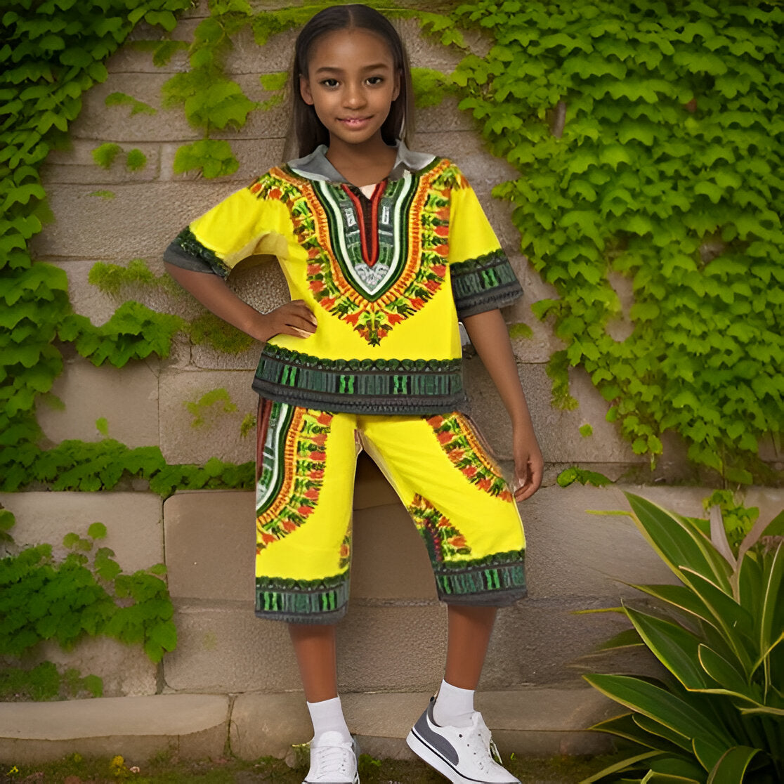 2 pcs Yellow/Green Dashiki Short Set (Unisex)